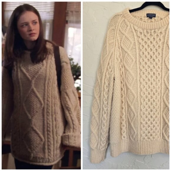 Vintage Lands End 100% Wool Chunky Cream Sweater - Picture 1 of 13